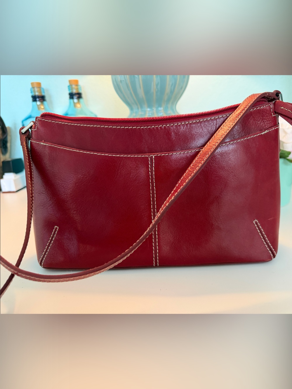 Etienne Aigner Red Leather Crossbody with Contrast Stitching